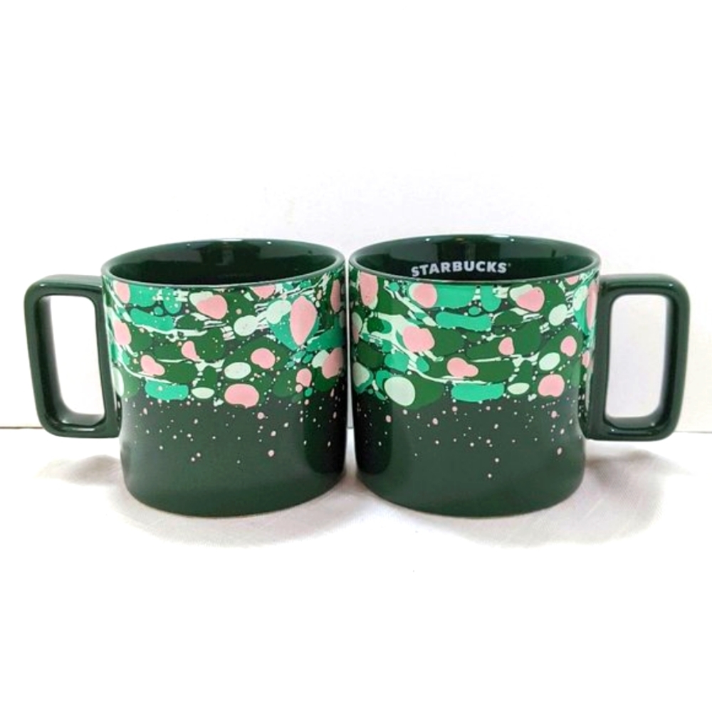 2 New Starbucks Holiday 2022 Venetian Marble Forest Green Ceramic Coffee Mugs